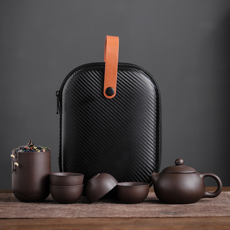 Portable Travel Tea Set – Purple Sand Pot with 4 Cups & Tea Canister