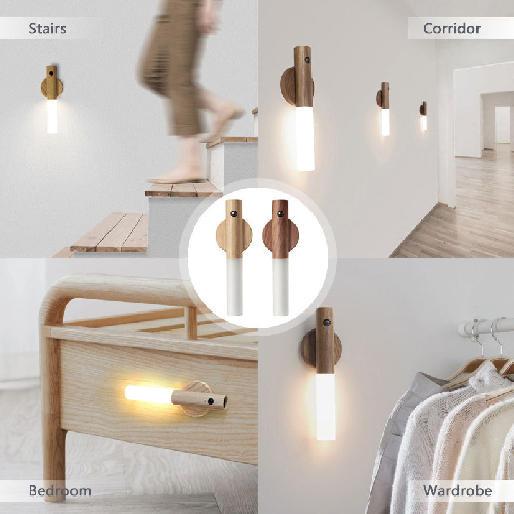 Auto LED USB Wireless Night Light – Magnetic Wood Motion Sensor Wall Lamp