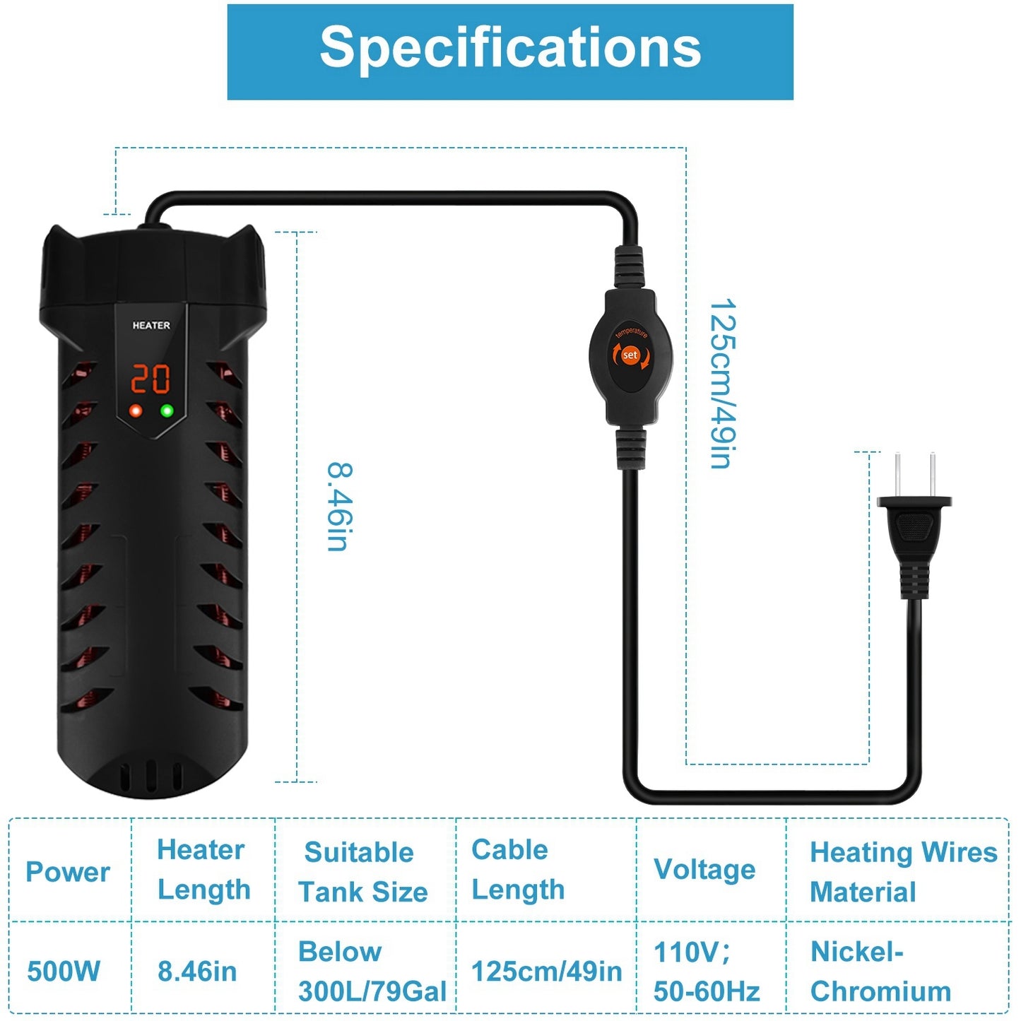 500W Submersible Aquarium Heater – Adjustable Temperature with External Controller