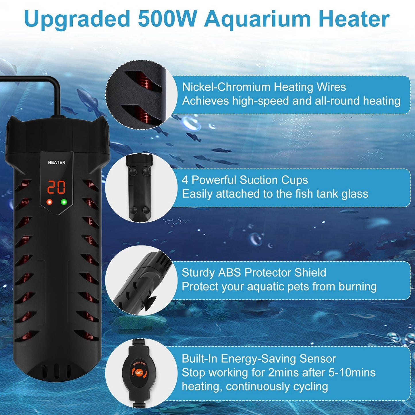 500W Submersible Aquarium Heater – Adjustable Temperature with External Controller
