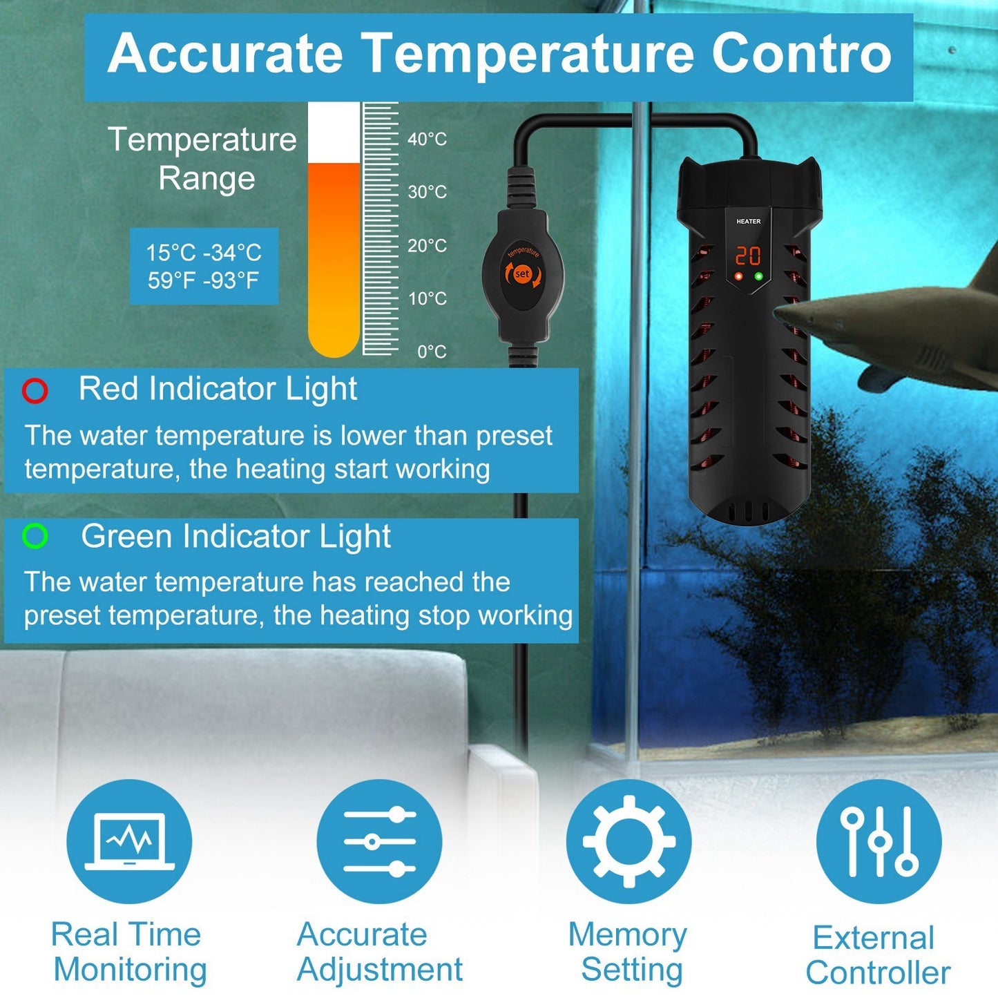 500W Submersible Aquarium Heater – Adjustable Temperature with External Controller