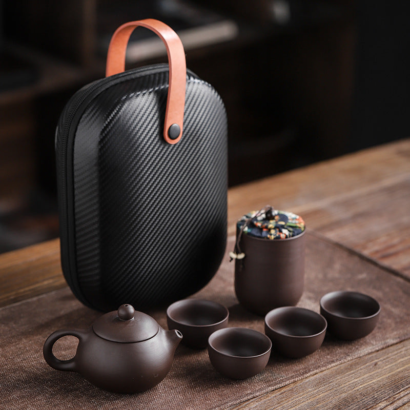 Portable Travel Tea Set – Purple Sand Pot with 4 Cups & Tea Canister
