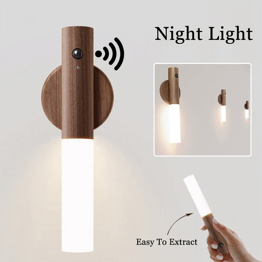 Auto LED USB Wireless Night Light – Magnetic Wood Motion Sensor Wall Lamp