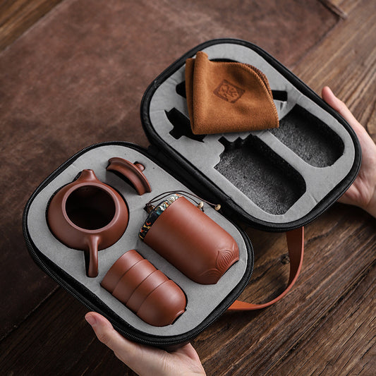 Portable Travel Tea Set – Purple Sand Pot with 4 Cups & Tea Canister